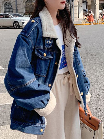 Airchics court manteau doublé polaire jean boutonnage avec boutons poches ceinture col revers femme mode